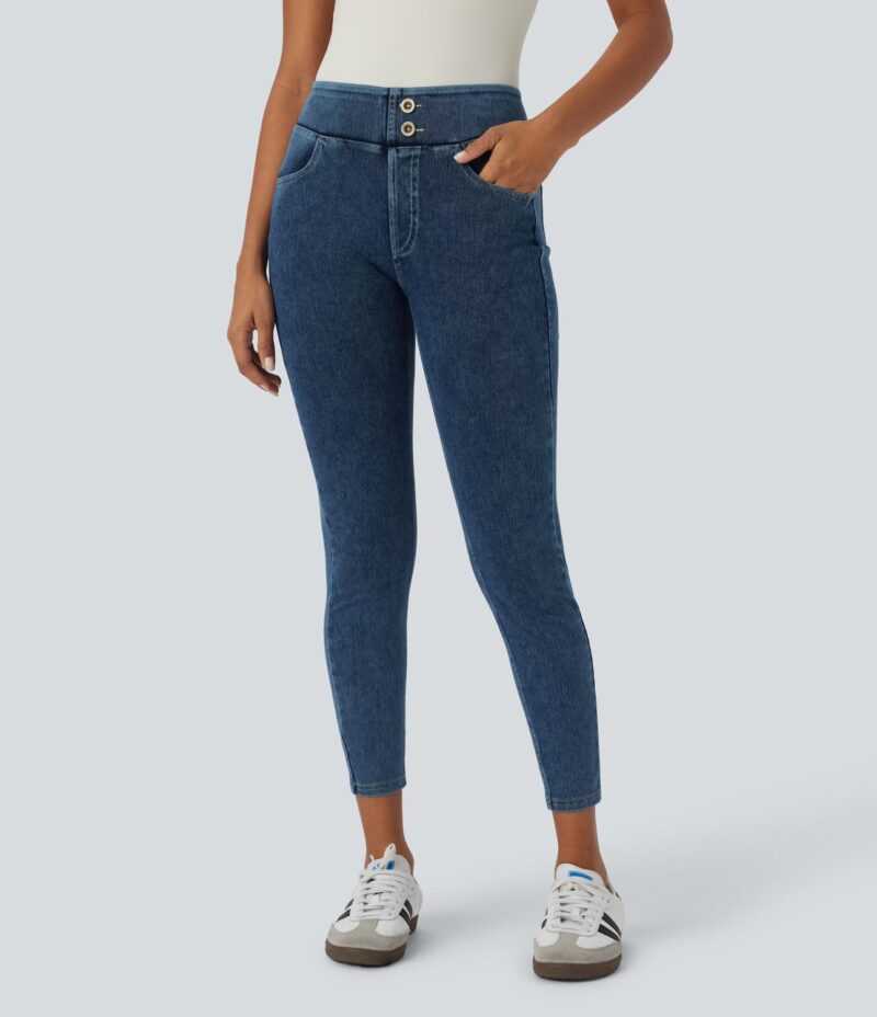 Leggings Flex Denim mezclilla punto elástico botones decorativos tiro alto curva múltiples bolsillos 7/8 - Image 4