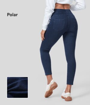 Leggings Flex Denim mezclilla elástica lavada polar bolsillo lateral tiro alto 7/8
