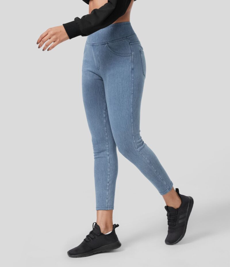 Leggings Flex Denim mezclilla elástica lavada polar bolsillo lateral tiro alto 7/8 - Image 2