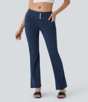 Leggings Flex Denim mezclilla corte acampanado lavado elástico bolsillo lateral botón decorativo tiro medio