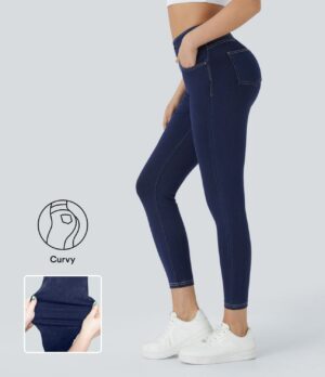 Leggings Flex Denim mezclilla punto elástico botones decorativos tiro alto curva múltiples bolsillos 7/8