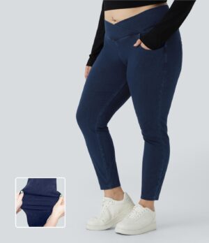 Leggings Flex Denim oficina cruzado elástico tiro alto bolsillo talla grande