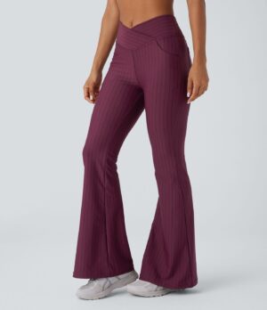 Leggings yoga tiro alto cruzado múltiple bolsillo raya acampanada tacto fresco